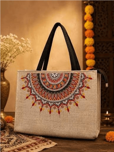 Decorative Nepali jute bag in a warm festive setting
